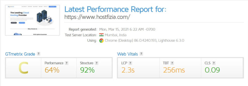hostfizia gtmetrix analysis
