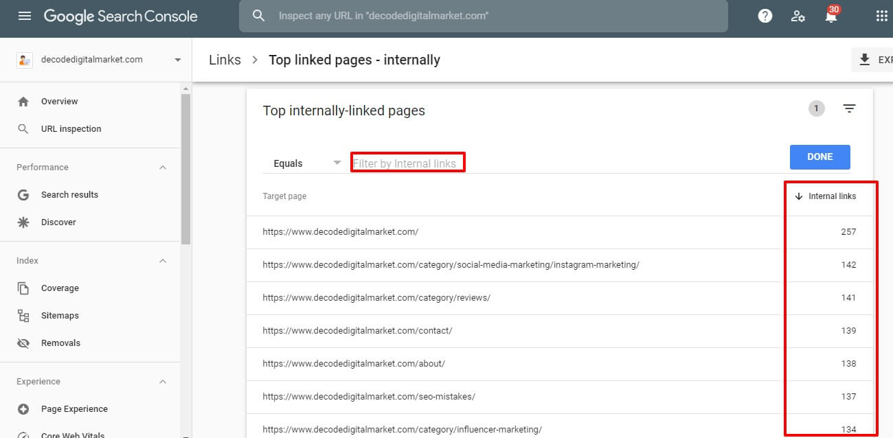 internal link audit using google search console