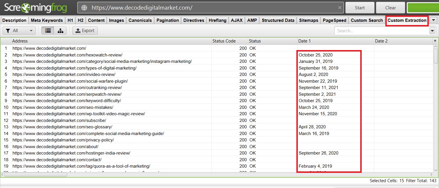 screaming frog extracted dates